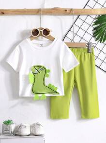 2pcs Baby Boys' Summer Short Sleeve Cute Dinosaur Printed T-Shirt And Elastic Waistband Pants Set - Green - View 1