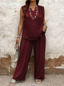 Conjunto de 2 piezas de talla grande, top sin mangas de cuello en V y pantalones rectos de pierna informal con lazo - Burdeos - Ver 3