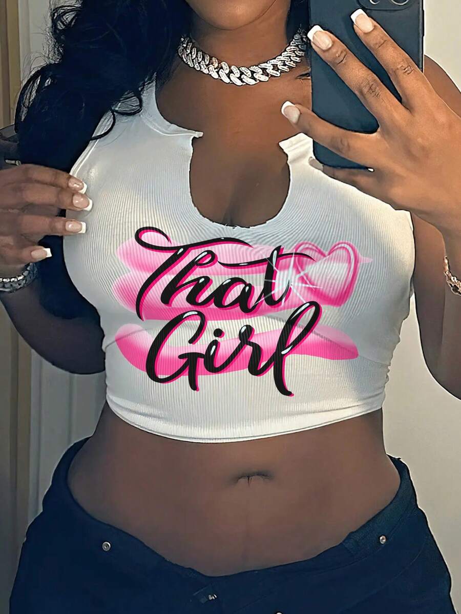 Rovax Plus Size Letter & Heart Print Tank Top, For Summer