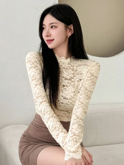 DAZY Women's Solid Color Crochet Trim Sheer Long Sleeve Blouse, Casual Vacation Going Out Tops