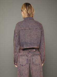 WESTFADE Winter Jacket Premium 100% Cotton Denim Acid Wash Button Front Long Sleeve Boxy Cropped Jacket - Blue - View 2