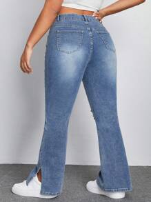 SHEIN CURVE+ Plus Size Denim Stretch Fashion Slim Flared Pants - Blue - View 2