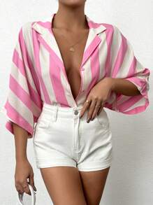 EURMUSE Áo sơ mi tay cánh dơi kẻ sọc 100% Cotton dành cho nữ - Hồng - Xem 4