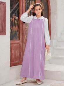 Tween Girls Ruffled Collar Floral Patchwork Casual Long Dress