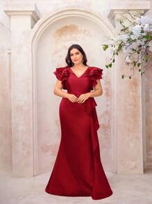 SHEIN Belle Plus Size Fuchsia Multilayer Ruffle Sleeve Mermaid Hem Formal Evening Gown - Red - View 1