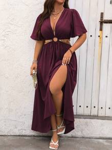 SHEIN Clasi Plus Size Crew Neck Solid Ruffle Sleeve Casual Slit Dress, Summer Maxi Women Outfit - Maroon - View 1