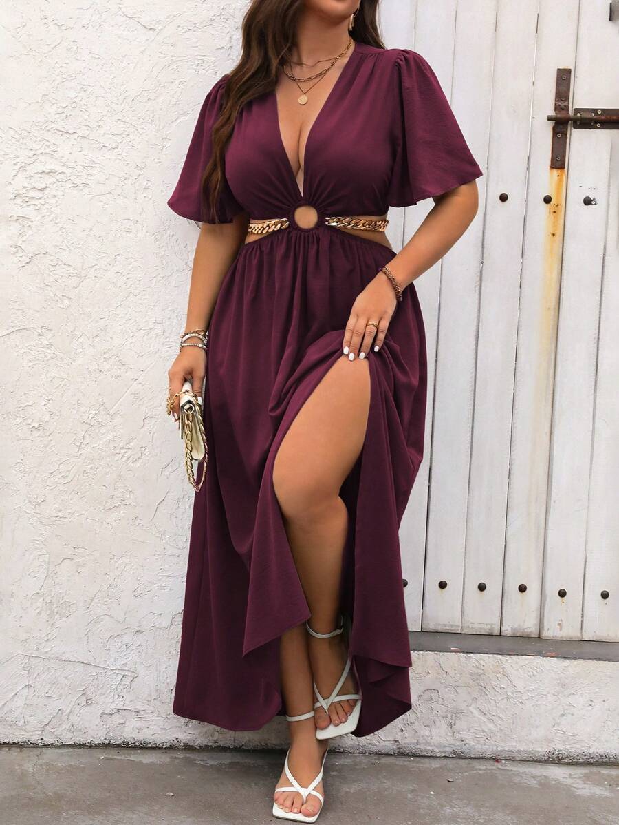 SHEIN Clasi Plus Size Crew Neck Solid Ruffle Sleeve Casual Slit Dress, Summer Maxi Women Outfit - Maroon - View 1