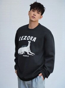DAZY Men's Letter & Animal Pattern Long Sleeve Pullover Sweatshirt, Fall , Crewneck - Black - View 1