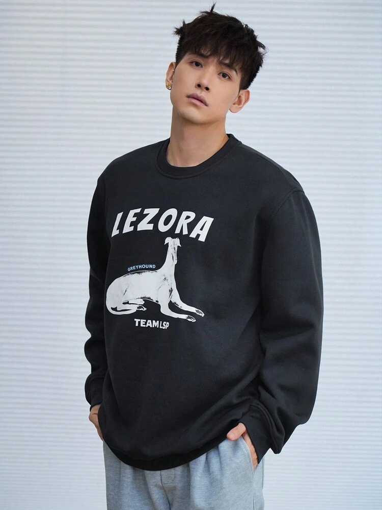 Men's Letter & Animal Pattern Long Sleeve Pullover Sweatshirt, Fall , Crewneck