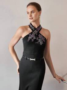 MOTF PREMIUM RHINESTONE DETAIL CRISSCROSS HALTER NECK BLOUSE - Black - View 5