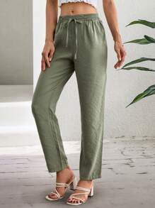 EURMUSE Straight Leg Olive Green Pants - Olive Green - View 4