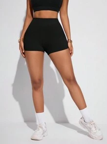 SHEIN Velisys Shorts esportivos sem costura, cintura alta e cor sólida - Preto - Ver 14