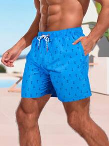 Surfspeed 男士夏季夏威夷风锚印花沙滩短裤 - 藍色 - 查看 3