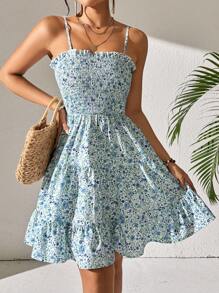 Breezaya Women's Delicate Strap Backless Ruffle Hem All-Over Ditsy Floral Elegant Chic Dress - Baby Blue - View 3