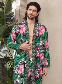 Manfinity Underwear&Sleepwear Basics Conjunto de pijama con top largo y pantalones estampado floral de patrón completo y parches para hombre - Multicolor - Ver 5