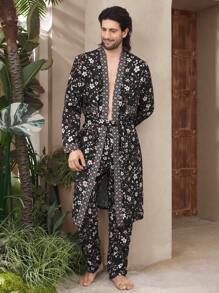 Manfinity Underwear&Sleepwear Basics 2pcs Men's Loungewear Set, Open Front Long Sleeve Top With Waist Tie And Allover Print Relaxed Fit Pants - Multicolor - View 7