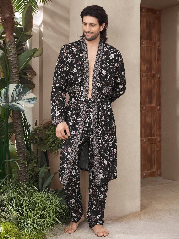 Manfinity Underwear&Sleepwear Basics 2 件套男士家居服套装，前开式长袖上衣，腰带和全身印花宽松长裤 - 彩色 - 查看 7