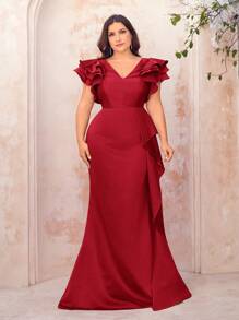 SHEIN Belle Plus Size Fuchsia Multilayer Ruffle Sleeve Mermaid Hem Formal Evening Gown - Red - View 3