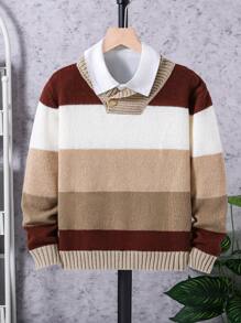 Maglione casual lavorato a maglia con colletto a contrasto a righe per ragazzo pre-adolescente