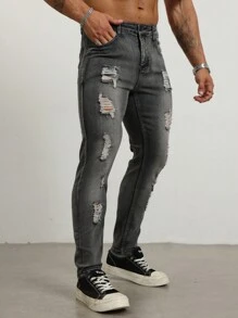 Manfinity LEGND Men's Front Button Multiple Pockets Distressed Denim Jeans, Casual Wear