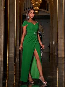 Faeriesty Off Shoulder Buckle Belted Ruched Wrap Dress - Green - View 5