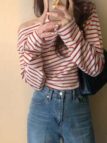 DAZY Women's Striped Open Shoulder Loose Long Sleeve T-Shirt, Suitable For Christmas, Spring, Summer And Autumn