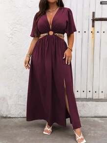 SHEIN Clasi Plus Size Crew Neck Solid Ruffle Sleeve Casual Slit Dress, Summer Maxi Women Outfit - Maroon - View 5