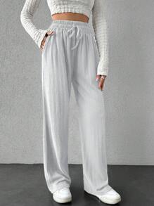 EURMUSE Casual Women's High Waist Drawstring Elastic Waist Wide Leg Pants - White - View 4