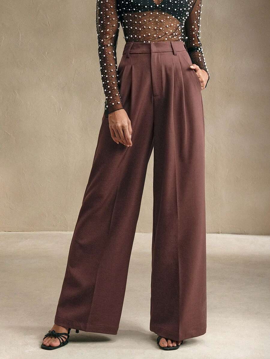 Anewsta 纯色口袋设计简约阔腿西装裤