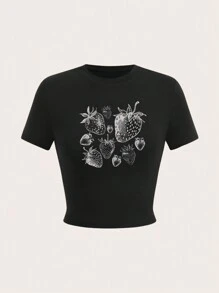 SHEIN EZwear 休闲简约草莓印花圆领短袖短款紧身女士T恤，适合夏季 - 黑色 - 查看 4