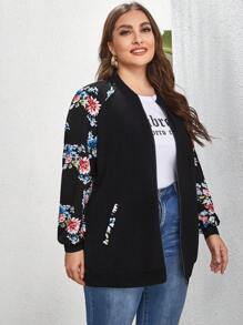 Mulvari Chaqueta Acolchada De Béisbol Con Manga Raglán Y Diseño Floral Para Talla Grande