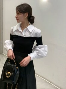 DAZY 女式撞色长袖二合一衬衫，秋季服装