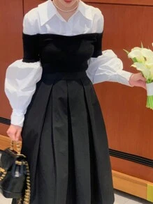 DAZY 女式撞色长袖二合一衬衫，秋季服装