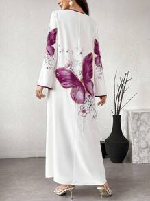 Al Najma 女士花卉印花圆领长袖撞色绑带长款束腰连衣裙、卡夫坦和贾拉比亚连衣裙 - 白色 - 查看 2