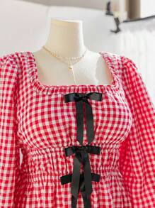 Soleia 大码女式方领长泡泡袖格子拼色蝴蝶结腰连衣裙，优雅学院风度假装 - 彩色 - 查看 4