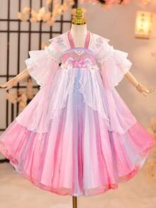 女童渐变色网眼喇叭袖汉服风格旅行连衣裙 - 紫羅蘭色 - 查看 4