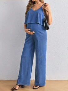 SHEIN Peto holgado de maternidad en denim, mono con camisola azul - Azul - Ver 5