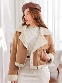 SHEIN Áo khoác thường ngày có ve áo bằng da lộn giả tuổi teen Girl - Màu Khaki - Xem 1