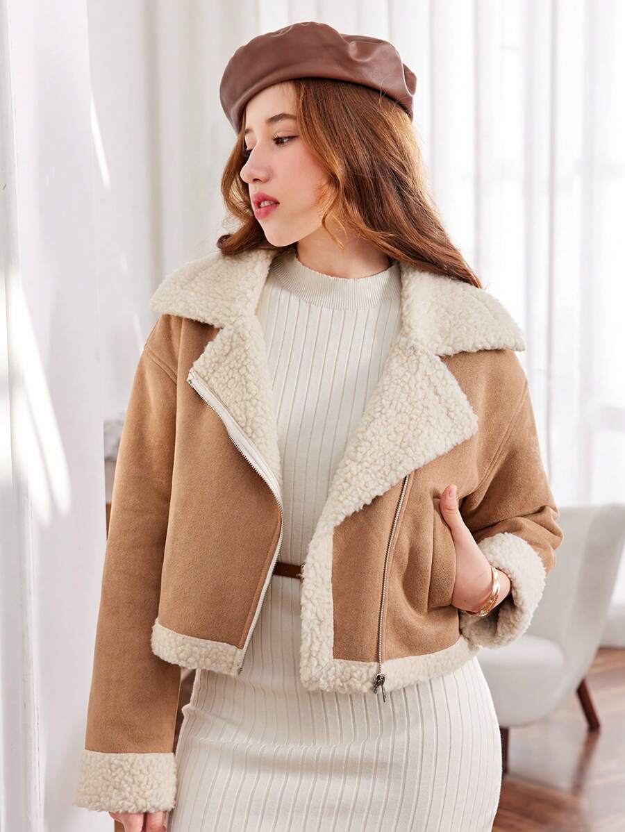 SHEIN Áo khoác thường ngày có ve áo bằng da lộn giả tuổi teen Girl - Màu Khaki - Xem 1