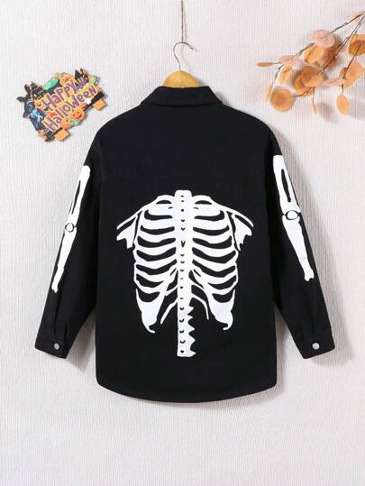 SHEIN Teen Boy Vintage Street Style Loose Casual Black Denim Jacket With Skull Print, For Halloween Party