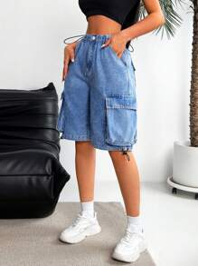 SHEIN EZwear Women's Front Button Multiple Pockets Solid Color Denim Shorts, Casual Daily Wear