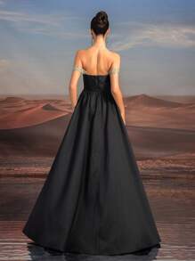 SHEIN Belle Robe de bal élégante et luxueuse avec jupe plissée, corsage en dentelle brodée et perlée avec épaules dénudées (résistante) - Noir - Voir 3