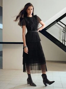 MOTF STUDIO MESH OVERLAY RUFFLE TRIM LAYERED HEM PLEATED LONG DRESS