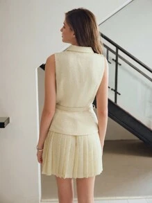 MOTF STUDIO TWEED FLAP DETAIL BUCKLE BELTED PLEATED HEM SHORT DRESS