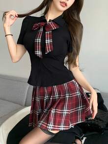DAZY 2pcs Set Women's Bow Plaid Short Sleeve Shirt And Pleated Mini Skirt, Preppy Style Summer Outfit - Black - View 10
