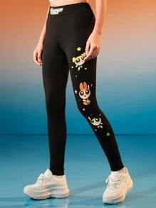 THE POWERPUFF GIRLS X SHEIN Summer Black Cartoon Pattern Basic Cute Casual Style Leggings