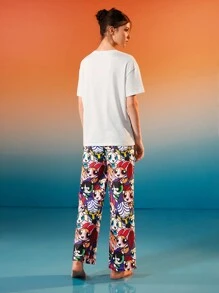 THE POWERPUFF GIRLS X SHEIN Summer White T-Shirt & Trousers Pajama Set, Basic Cute Style, Cartoon Style Pattern - White - View 2