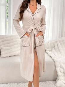 Leisure Colorblock Women's Bathrobe, Home Wear , Cozy And Elegant Details, Outfit, Fall & Winter - Khaki - View 4