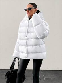 RueChic Plain Hooded Puffer Coat With Snap Button - White - View 3