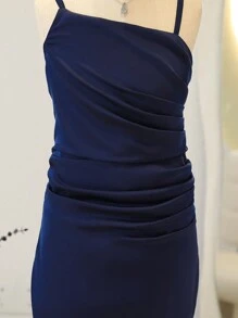 SHEIN Tween Girls Long Slit Elegant Spaghetti Strap Dress For Stage Performance, Wedding, Birthday Party - Navy Blue - View 3